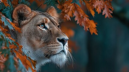 Majestic lioness framed by autumnal foliage, gaze fixed towards a distant unknown