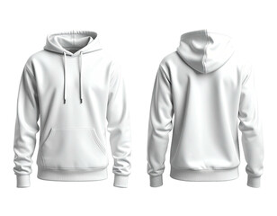 Front and back view of a clean white hooded sweatshirt isolated on a black background