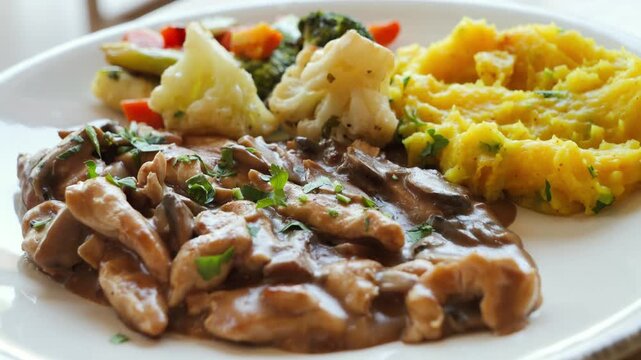 Beef Stroganoff on a plate is served with grilled vegetables and mashed potatoes.