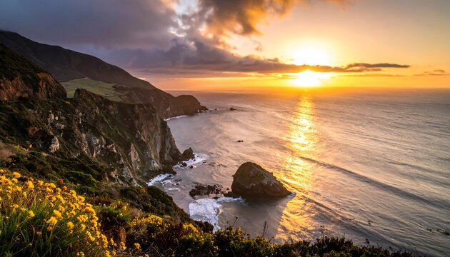 Scenic coastal sunset over rugged cliffs