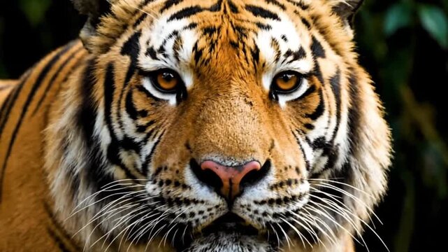 Close up portrait of a majestic tiger with intense gaze and striking fur pattern  
