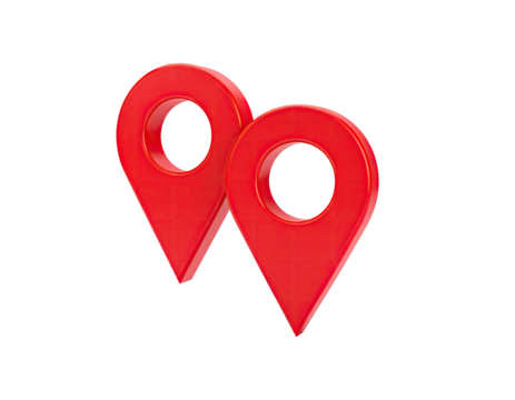 Two bright red 3D location markers against a stark black backdrop - Powered by Adobe