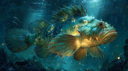 Majestic, turquoise fish with golden highlights swims amidst dark, underwater coral formations