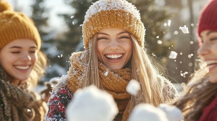 Joyful women enjoying winter fun at a snowy park, laughing and throwing snowballs in the air