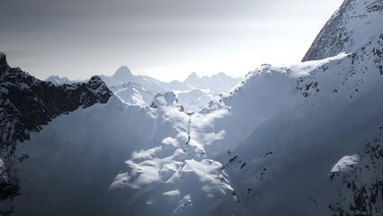 Epic Snow-Covered Alpine Mountain Peaks with Dramatic Atmospheric Lighting in Glacial Valley...