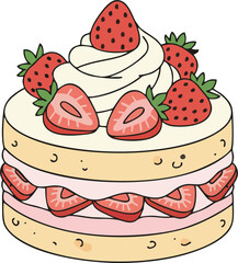 Round Strawberry Shortcake Vector Illustration – Cute Single Layer Cake with Whipped Cream and Fresh Strawberries