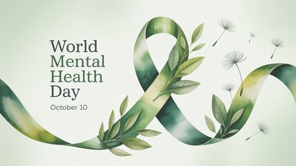 World Mental Health Day illustration with green ribbon