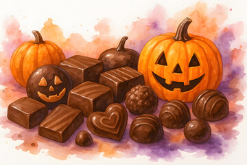 ハロウィンチョコレートとジャックオーランタンの水彩イラスト