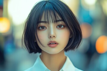Serene portrait of a young woman with dark bob hair and bangs. Her gentle expression framed by soft light and bokeh.
