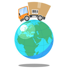 Global delivery concept illustration with orange truck carrying package on planet Earth, symbol of worldwide shipping, logistics, e-commerce and international trade, isolated vector