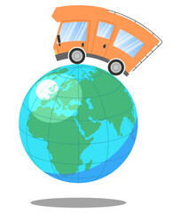 Illustration of a camper van driving on planet Earth. A symbol of travel, freedom, and adventure. Vector graphic suitable for themes of vacation, tourism, road trips, caravanning, global exploration