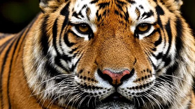 Close up portrait of a majestic tiger with intense gaze and striking fur pattern  
