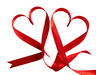 Two red ribbons shaped into hearts, intertwined on a solid black background
