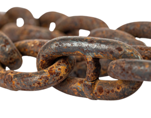 Close-up of a rusty, heavy metal chain, partially isolated on black