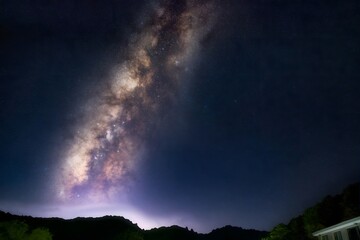 Milky Way Galaxy Stretching Across Starry Night Sky Above Mountain Silhouettes - Cosmic Journey Under Brilliant Stars