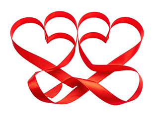 Two intertwined heart shapes formed from a single, glossy red ribbon