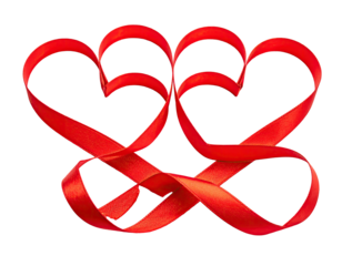 Two intertwined heart shapes formed from a single, glossy red ribbon