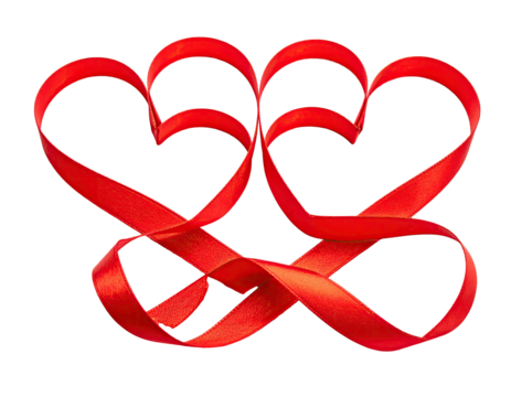 Two intertwined heart shapes formed from a single, glossy red ribbon