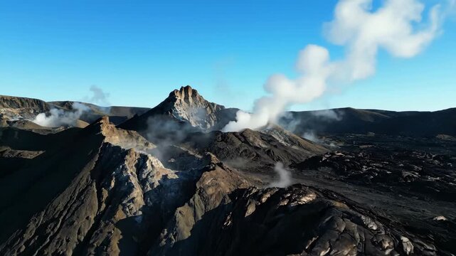 Drone shot slowly descends over a rugged volcanic landscape, showcasing steaming fumaroles and unique geological formations under a clear sky steam, wilderness, motion