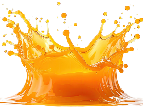 A dynamic crown-shaped splash of vibrant orange liquid against black