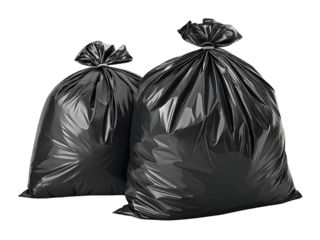 Two large black garbage bags full of waste isolated against black background perfect for disposal or recycling concepts