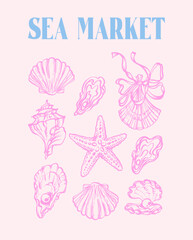 Vintage Coastal Italian print with pink Seashells, Underwater creatures, Starfish. Mediterranean vintage summer card. Retro elements design in la dolce vita style. Sicilia or Amalfi sea market