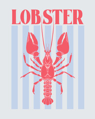 Lobster or crayfish Vintage Coastal Italian print. Minimalist hand drawn poster. Seafood shop logo, signboard, restaurant menu, fish market, banner. Mediterranean vintage summer card.