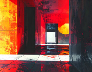 Abstract Red Geometry in Concrete Architecture: Colorful Light, Shadows, and Modern Space
