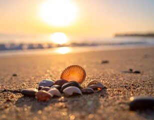 Obraz premium Seashells and stones on a beach at sunrise
