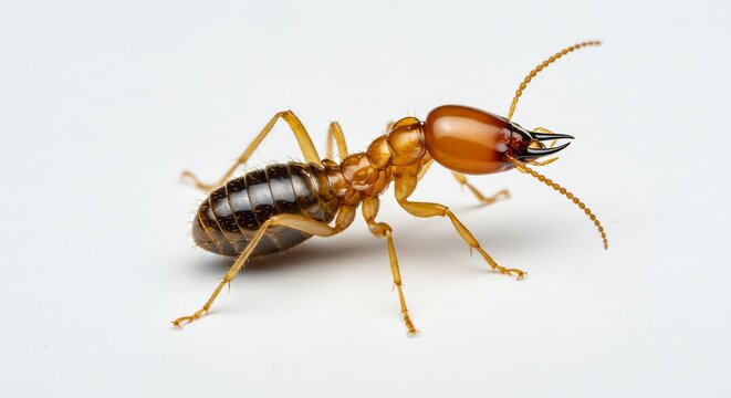 An isolated soldier termite with strong mandibles is vividly presented in clean bright studio lighting on a pure white background