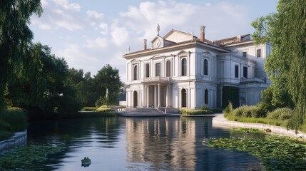 Obraz premium Serene Villa by the Lake: An Architectural Masterpiece