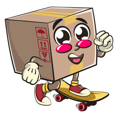 delivery cardboard box mascot cartoon character vector illustration playing skateboard, work of hand drawn