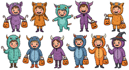Children in cute halloween monster and animal costumes trick or treating.