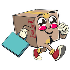 delivery cardboard box mascot cartoon character vector illustration a suitcase rushing to the office, work of hand drawn
