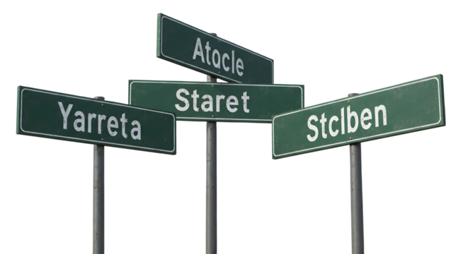 A set of 3 street name signs isolated on white background, blank road signboards for city navigation, urban direction, address labeling, roadway identification, transportation, and traffic design conc