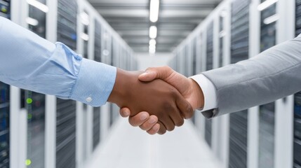 Two diverse individuals shake hands in a modern data center, symbolizing agreement, partnership, and technological collaboration.