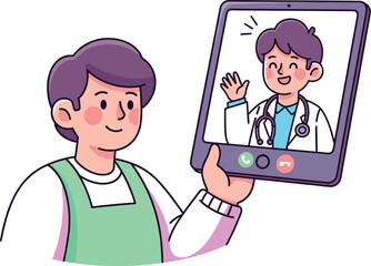 Parent video call with doctor, virtual pediatric telemedicine consultation, child health care, online doctor visit, remote medical appointment, telehealth service