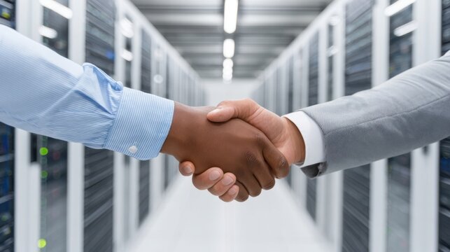 Two diverse individuals shake hands in a modern data center, symbolizing agreement, partnership, and technological collaboration.