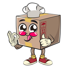 delivery cardboard box mascot cartoon character vector illustration as chef give oke sign, work of hand drawn