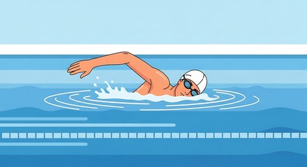 Illustrative swimmer in a pool demonstrating front crawl technique for aquatic fitness and competitive swimming