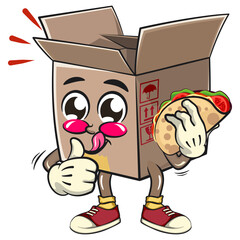 cute cardboard box mascot character vector illustration isolated carrying a taco while giving a thumbs up, work of hand drawn