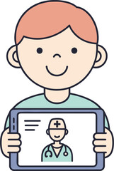 Child holding tablet icon, virtual pediatric telemedicine consultation, online healthcare service, remote digital doctor visit illustration