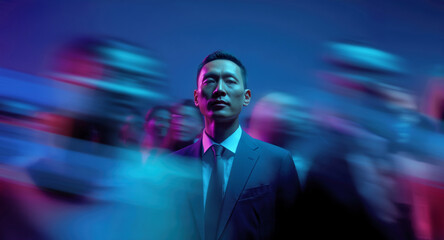 Calm Asian executive stands still amid moving crowd under cinematic blue and pink lighting