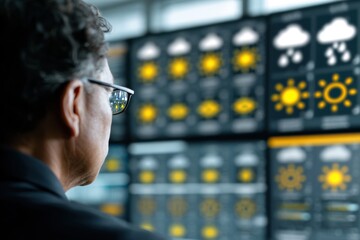 Person viewing multiple screens displaying weather forecast icons, with a clear reflection visible in their glasses.