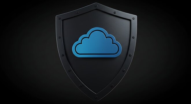 Cloud computing protection concept shield with blue cloud icon on black