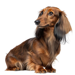 Adorable long haired dachshund dog with beautiful brown fur and expressive eyes against a black background portrait studio shot