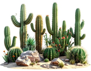 Grouping of various tall and round cactuses, stones, sand and succulent plants