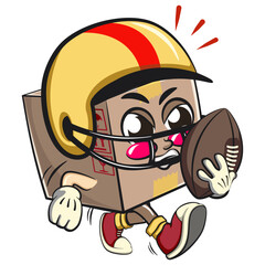 delivery cardboard box mascot cartoon character vector illustration playing american football, work of hand drawn