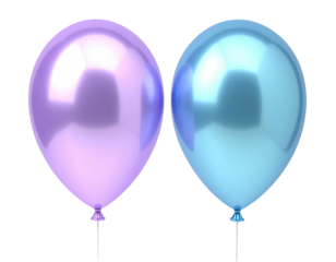 Two glossy, reflective balloons, one lavender and one aqua, floating against black