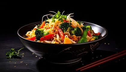 Asian Noodle Dish Featuring Broccoli and Red Bell Peppers in a Black Bowl on Dark Backdrop with Chopsticks and Sesame Seeds